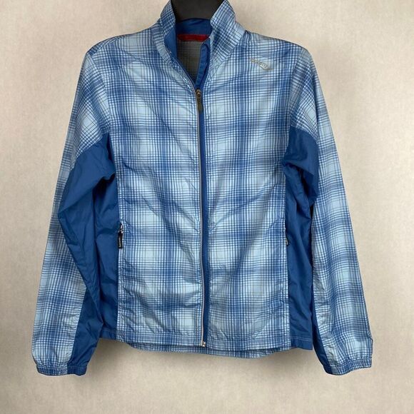 Saucony Windbreaker Jacket Womens Sz Small Vented Zip Front Blue Plaid Athletic - Picture 9 of 12